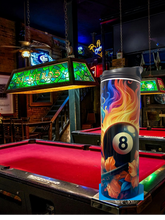 Load image into Gallery viewer, Eight Ball with Flames &amp; Cue 20 oz. Stainless Steel Tumbler