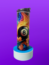 Load image into Gallery viewer, Eight Ball with Flames &amp; Cue 20 oz. Stainless Steel Tumbler